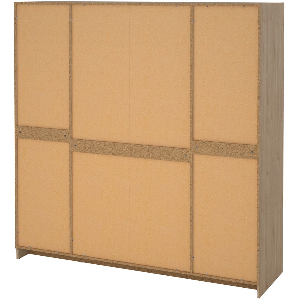 The Florence Brande 4 Door Jackson Hickory Oak Wardrobe is a large, rectangular wooden piece, shown from the back, with panels secured by screws and a light, unfinished surface—ideal for bedroom storage.