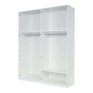 White four-door wardrobe interior with shelves and hanging rails