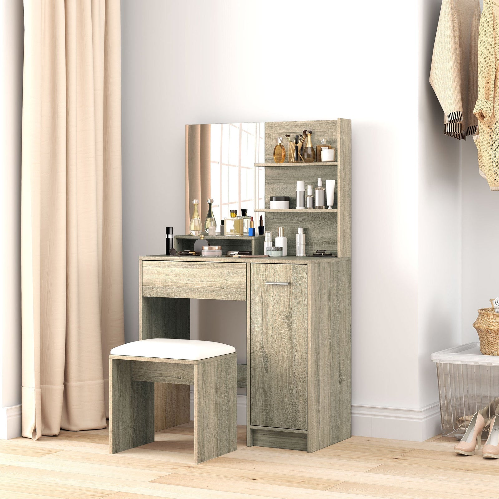 homcom dressing table and stool set with storage wood effect