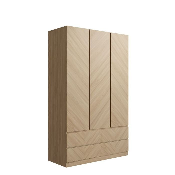 3-door Euro Oak wardrobe with herringbone wood grain and four drawers