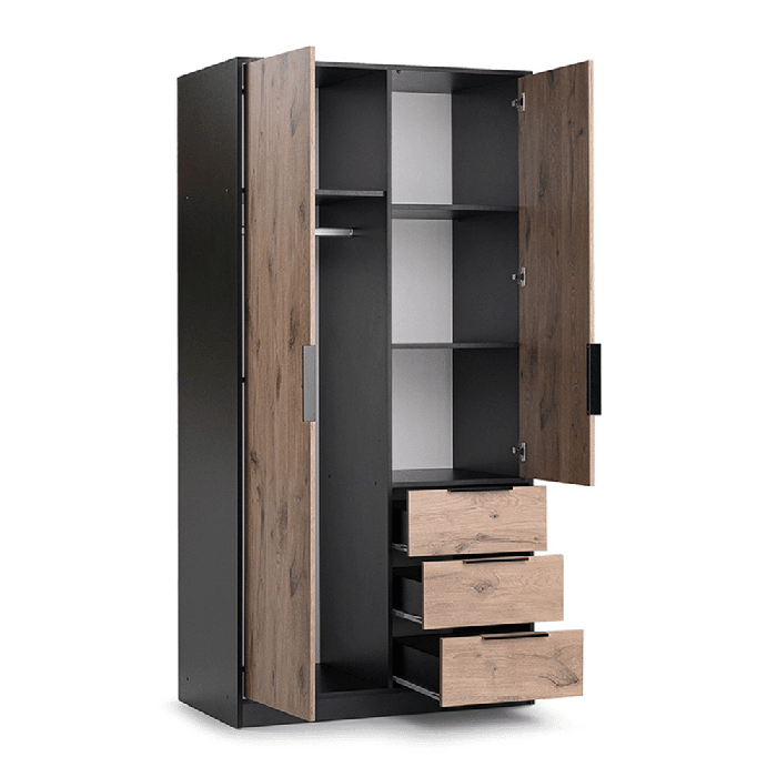 BELLVYN black and oak effect 2 door wardrobe with mirror and 3 drawers open