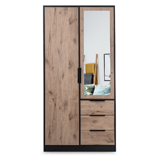 BELLVYN 2 door wardrobe with mirrored door and 3 drawers, black with oak Viking finish