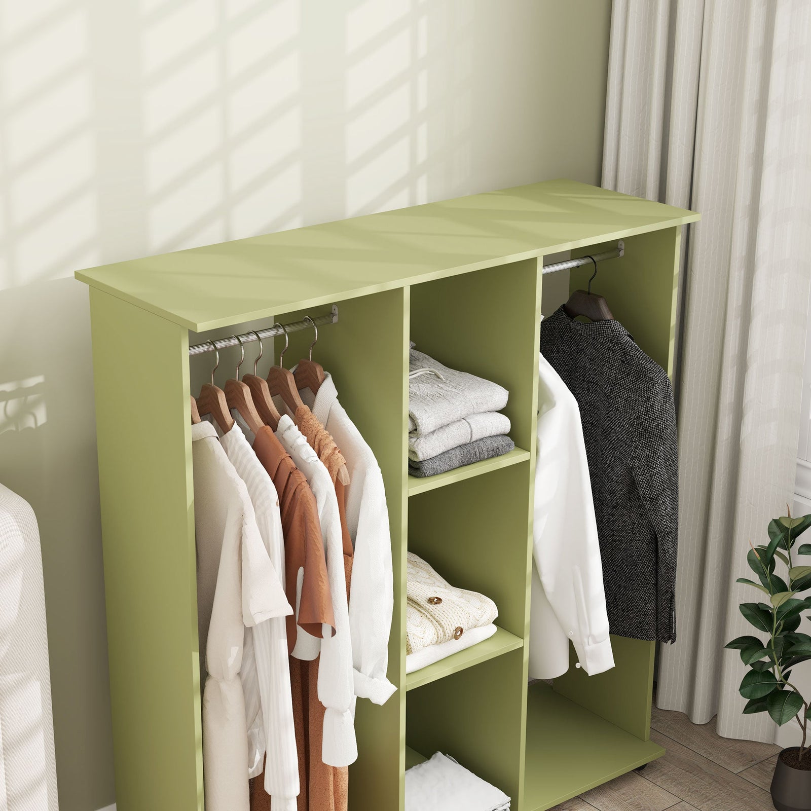 homcom open wardrobe double mobile storage shelves organizer w 6 wheels green