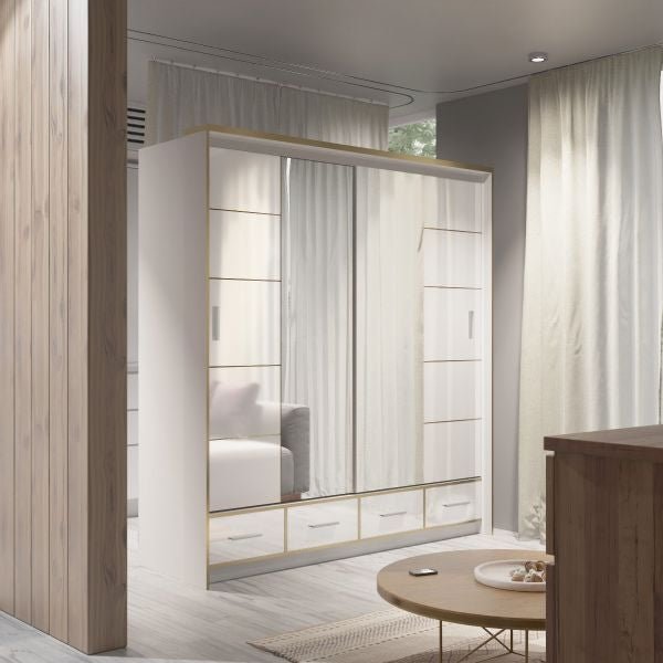 White gloss sliding wardrobe with two mirrored doors in a modern bedroom