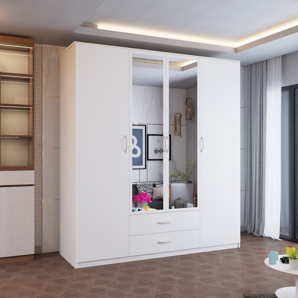 CHOICEWARDROBE 4 door hinged wardrobe with central mirrored panels and 2 drawers
