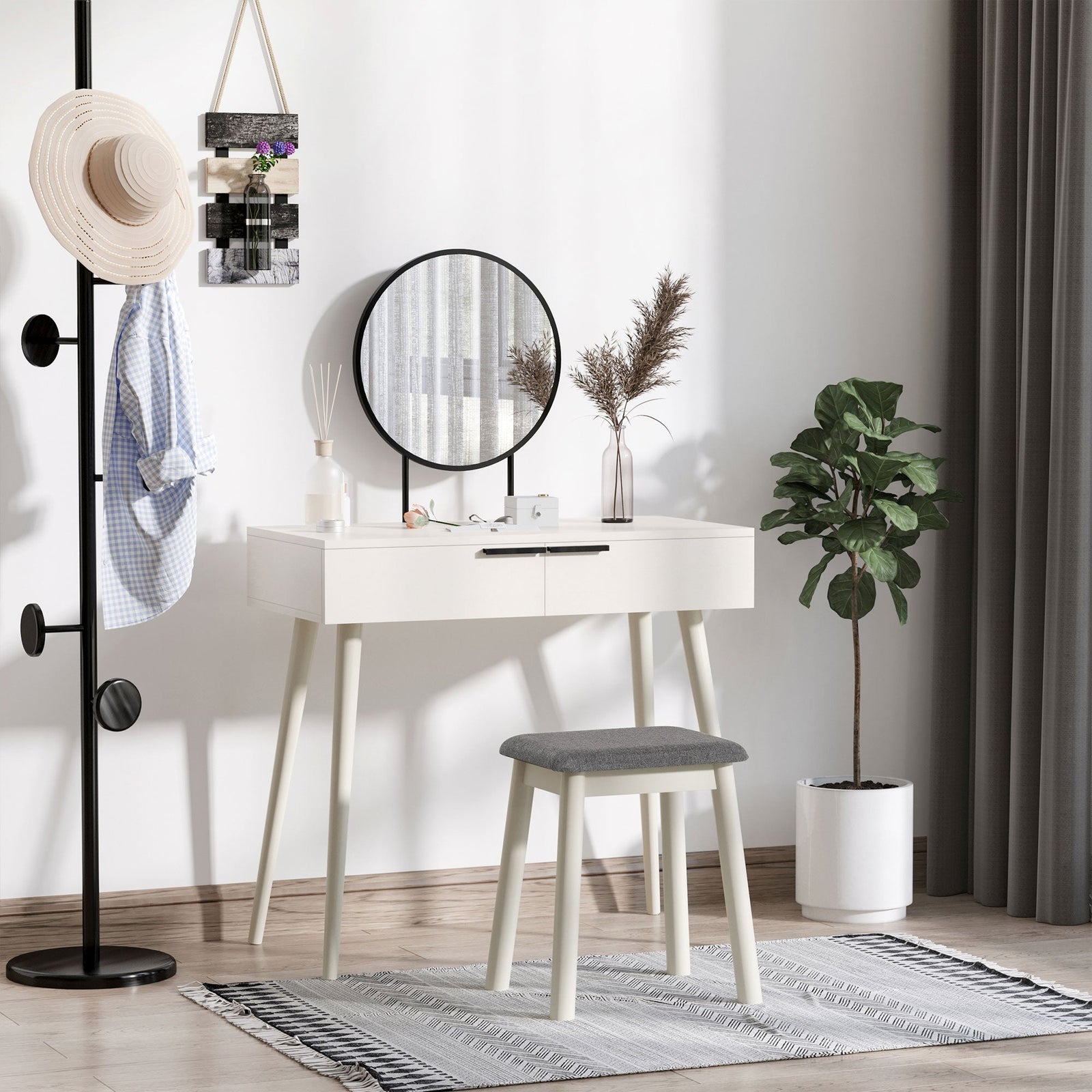 homcom modern dressing table with round mirror and stool makeup vanity table with 2 drawers for bedroom living room 80 x 40 x 123 cm white