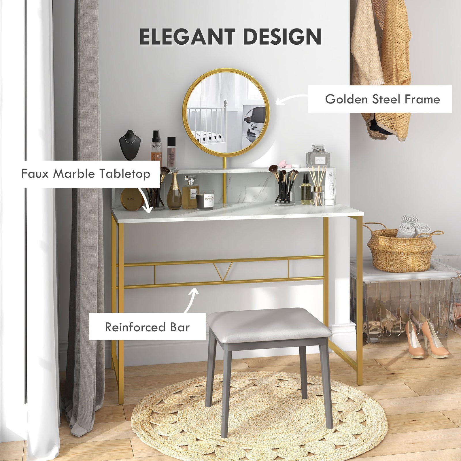 homcom modern dressing table with round mirror vanity makeup desk with open storage faux marble texture and steel frame for bedroom white
