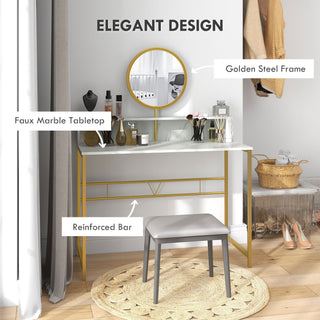 homcom modern dressing table with round mirror vanity makeup desk with open storage faux marble texture and steel frame for bedroom white