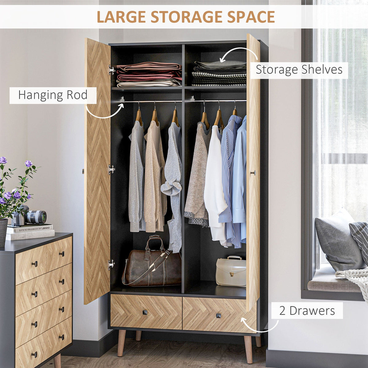 homcom modern wardrobe cabinet wood grain sticker surface with shelf hanging rod and 2 drawers 90x50x190cm