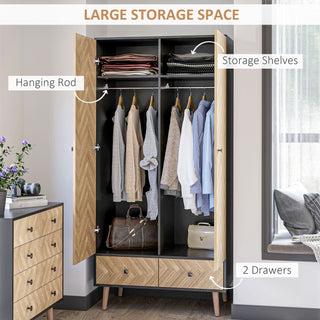 homcom modern wardrobe cabinet wood grain sticker surface with shelf hanging rod and 2 drawers 90x50x190cm