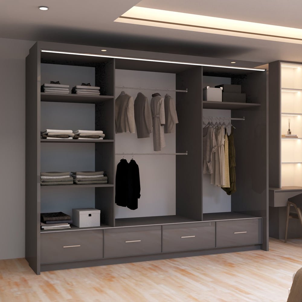 SYCYLIA GREY HIGH GLOSS 255cm sliding wardrobe with mirrored doors, shelves, rails and 4 drawers.