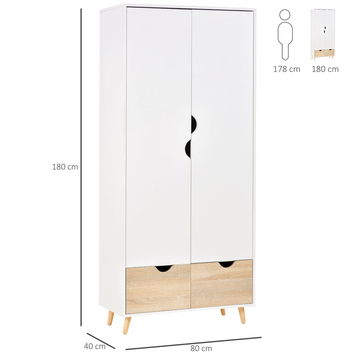 homcom 2 door clothes wardrobe w rail shelf 2 drawers wood feet elegant home storage organisation furniture white
