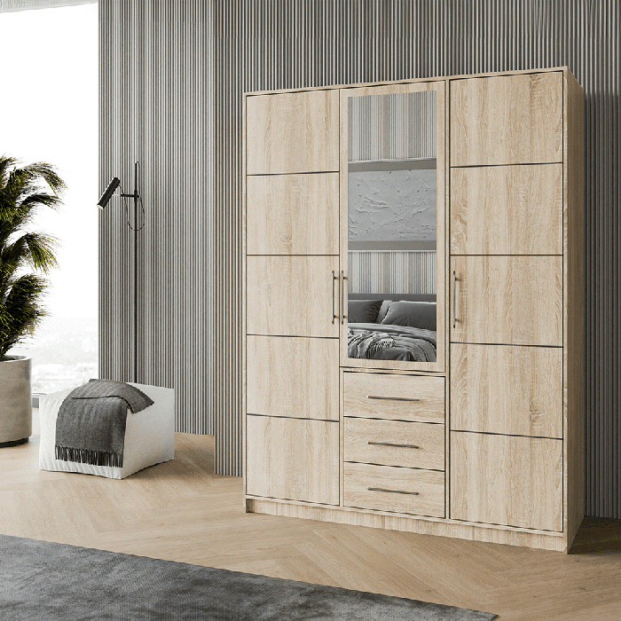 BARNSLEY 3 door wardrobe in oak Sonoma finish with mirrored middle door and 3 drawers