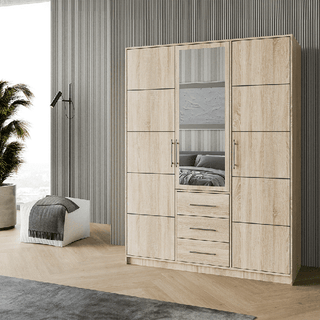 BARNSLEY 3 door wardrobe in oak Sonoma finish with mirrored middle door and 3 drawers