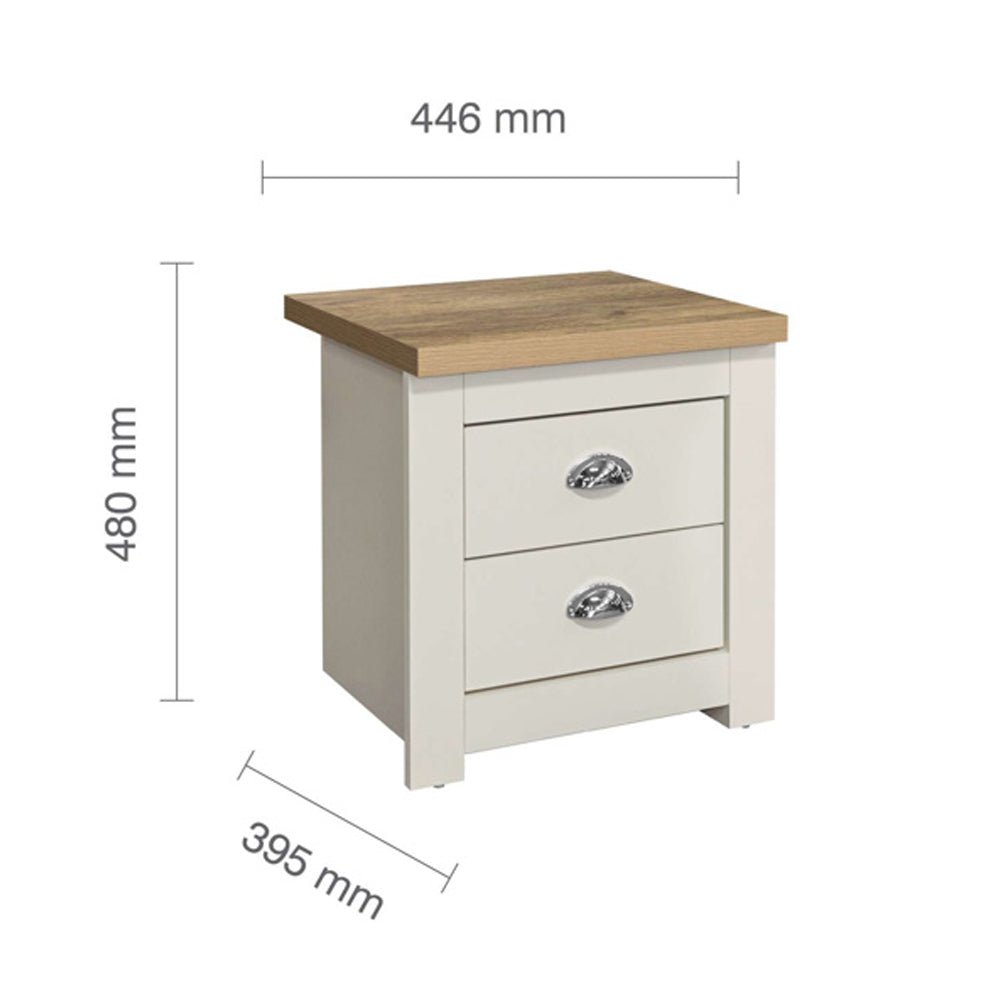 Highland wooden bedside cabinet with 2 drawers in cream and oak effect. 480mm H x 446mm W x 395mm D.