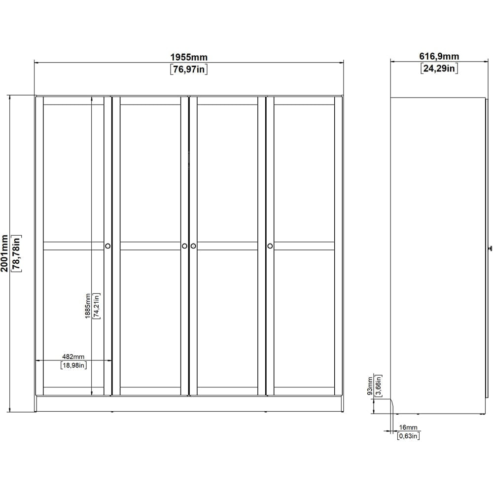 Technical drawing of Florence Brande 4-door wardrobe, W1955mm x H2001mm x D616.9mm