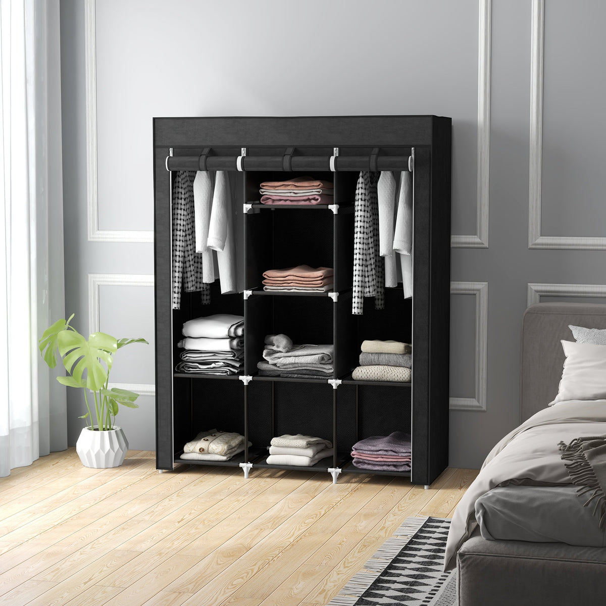 homcom fabric wardrobe with rails and shelves black
