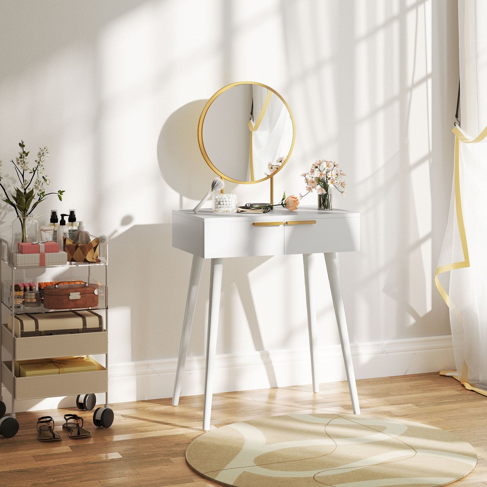 homcom elegant dressing table with round mirror 60 x 40 x 123 cm white
