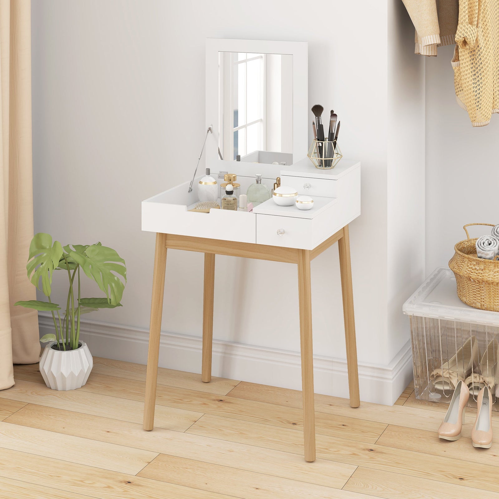 homcom dressing table with flip up mirror makeup desk with 2 drawers and pine wood legs vanity table writing desk for bedroom living room white