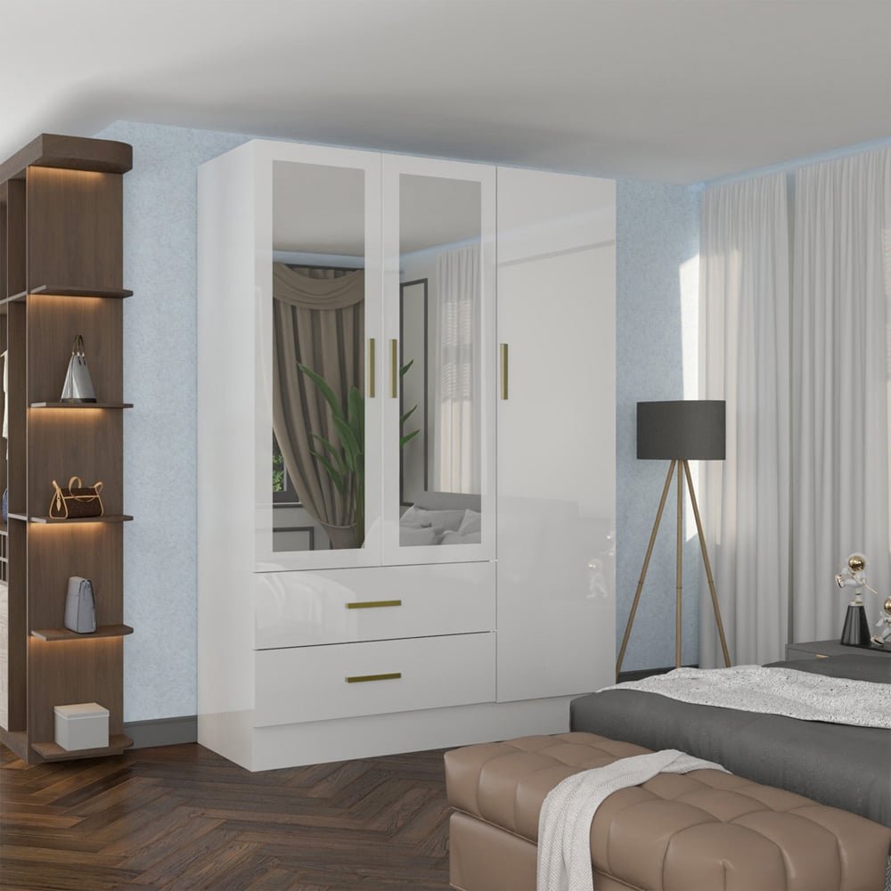 XD2 White High Gloss 116cm Wardrobe with 3 mirrored doors and gold handles.
