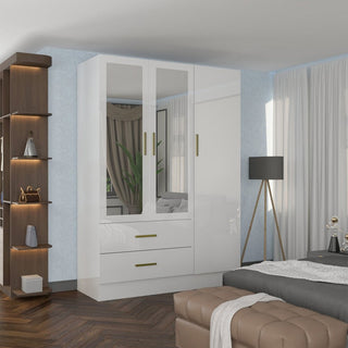 XD2 White High Gloss 3 Door 2 Drawer Gold Handle Mirrored Wardrobe 116cm