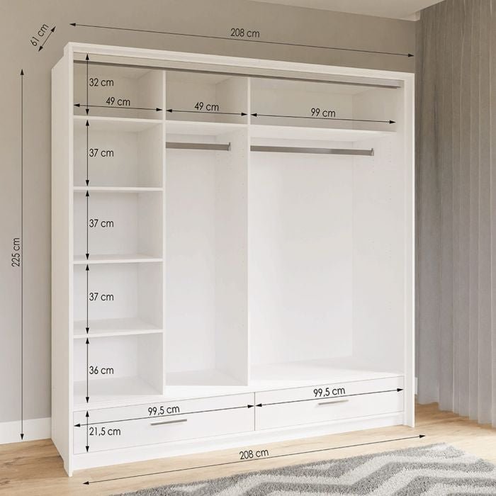 WARRINGTON 2 door white gloss sliding wardrobe with mirrored door and visible internal shelves.
