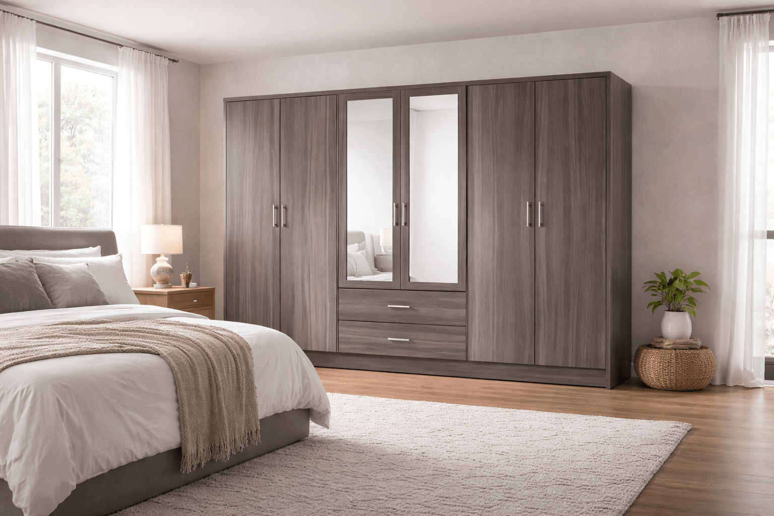 Modara 230cm 6 Door Mirrored Wardrobe in Dark Grey Oak Wood Grain Finish