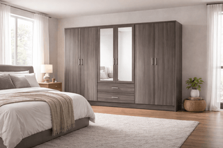 CHOICEWARDROBE Modara 230cm 6 Door Mirrored Wardrobe – Dark Grey Oak Wood Grain Finish | Extra-Large Bedroom Storage with Drawers & Hanging Rails