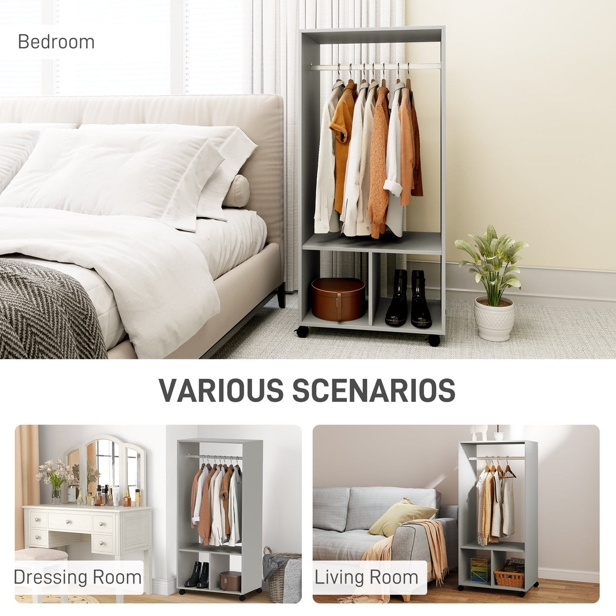homcom open wardrobe on wheels bedroom wardrobe with clothes hanging rail 2 storage shelves mobile garment rack for cloakroom hallway grey