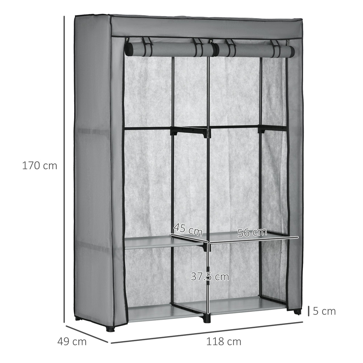 homcom steel frame fabric wardrobe with rail and shelves light grey