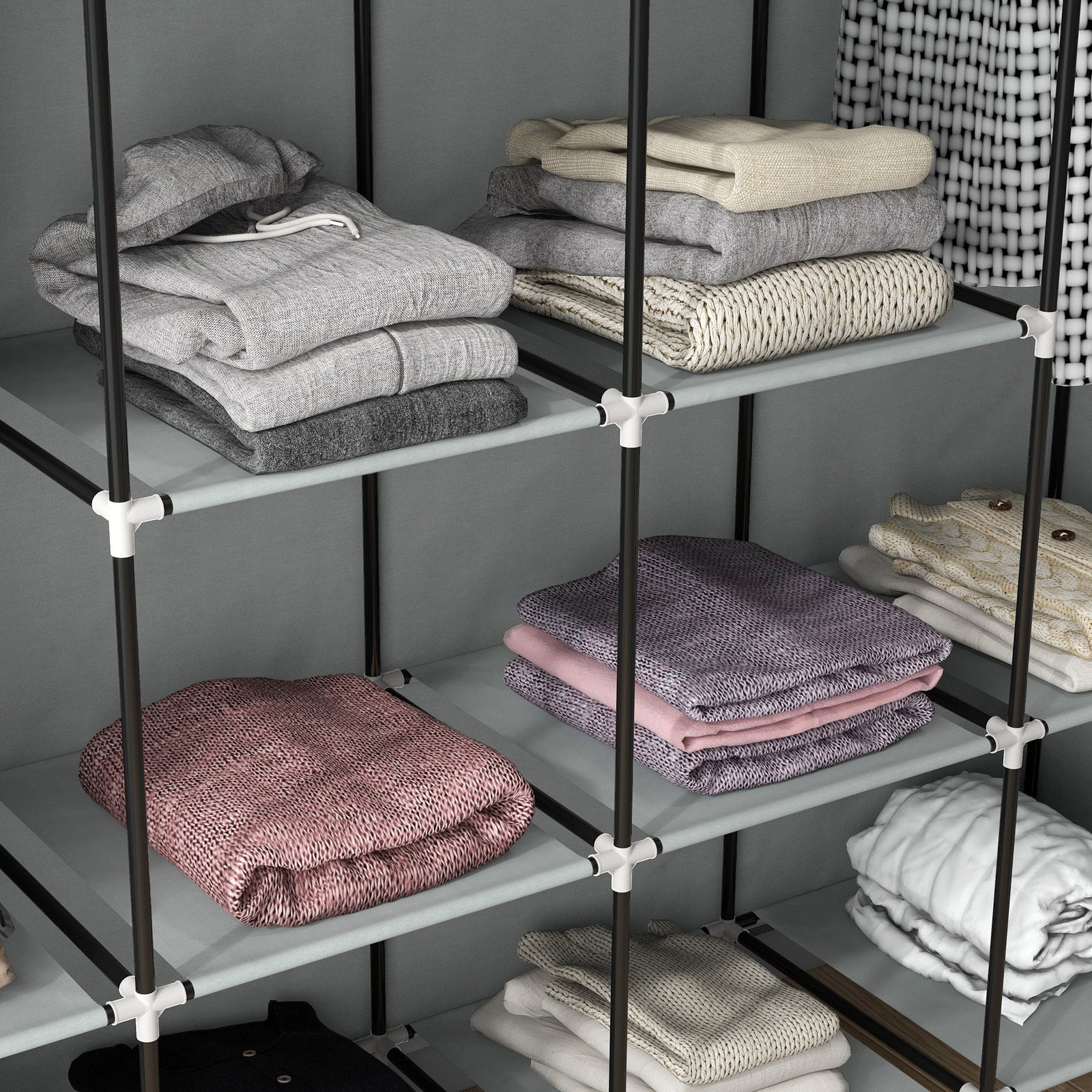 homcom fabric wardrobe for bedroom portable cloth wardrobe with 10 compartments 2 hanging rails and 4 fabric drawers 166 x 42 5 x 169 5cm dark grey
