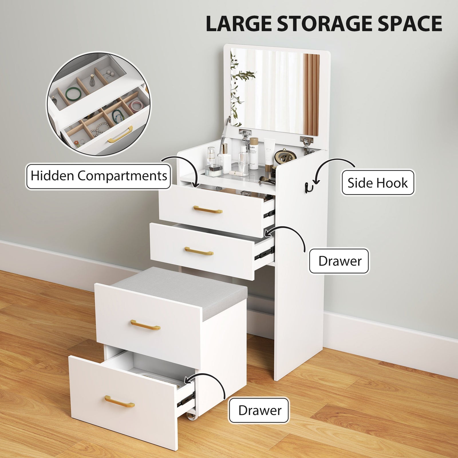 homcom compact dressing table and stool set with storage white