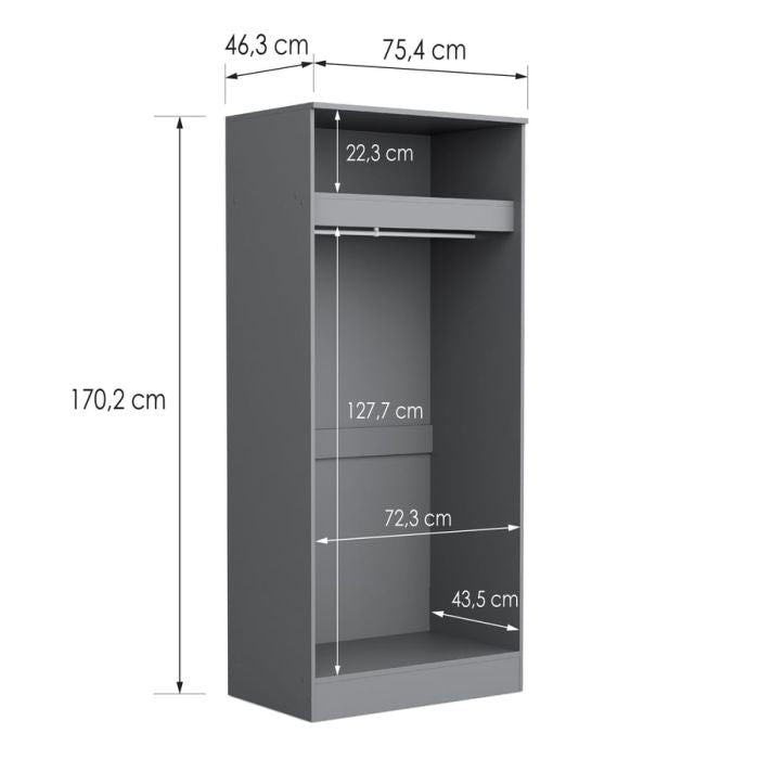 ARVELLO 2 door wardrobe in grey with dimensions 75.4cm width, 170.2cm height