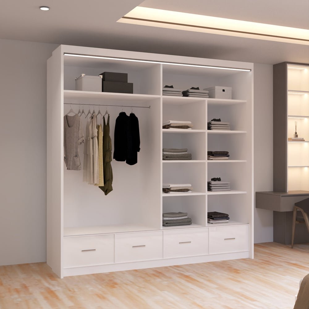 White high gloss 2-door sliding wardrobe with mirrored door and 4 visible drawers.