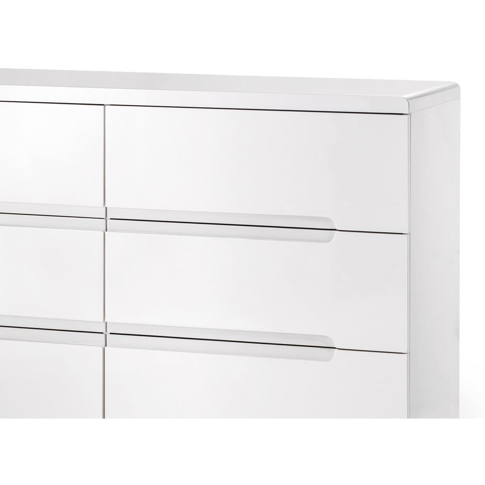 Manhattan 6 drawer white high gloss wide chest of drawers with horizontal recessed handles.