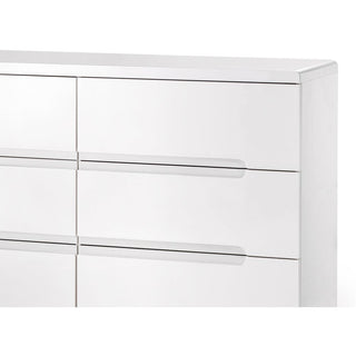 Manhattan 6 drawer white high gloss wide chest of drawers with horizontal recessed handles.