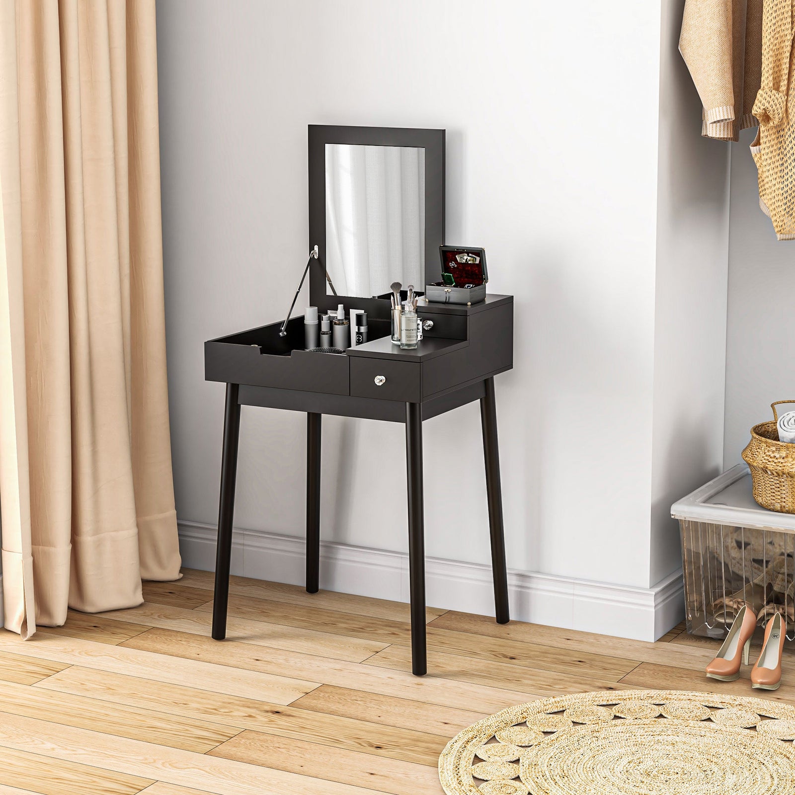 homcom dressing table with flip up mirror makeup desk with 2 drawers and pine wood legs vanity table writing desk for bedroom living room black