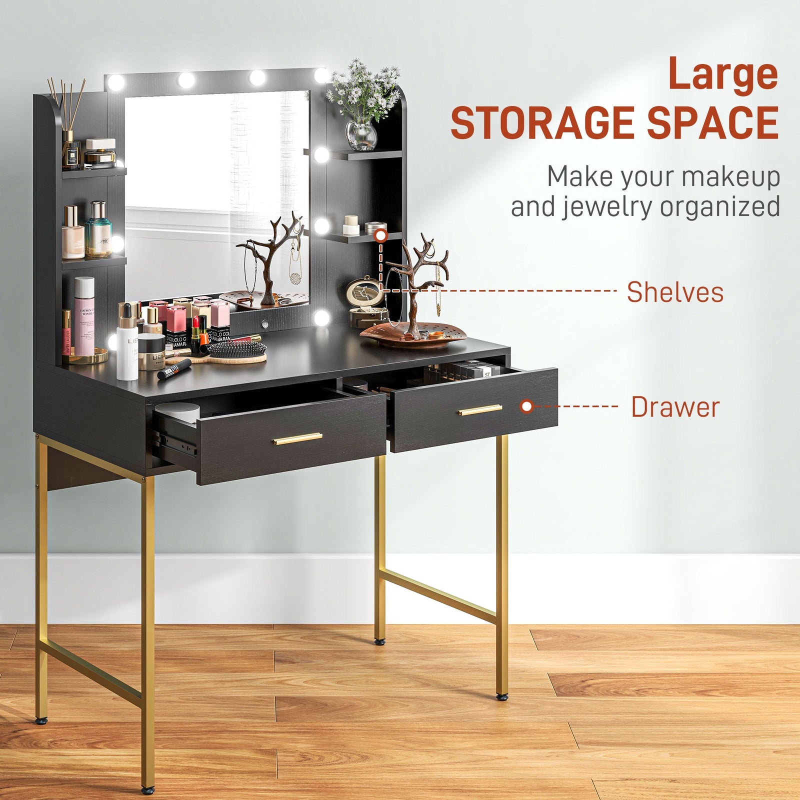 homcom dressing table set with storage and stool black