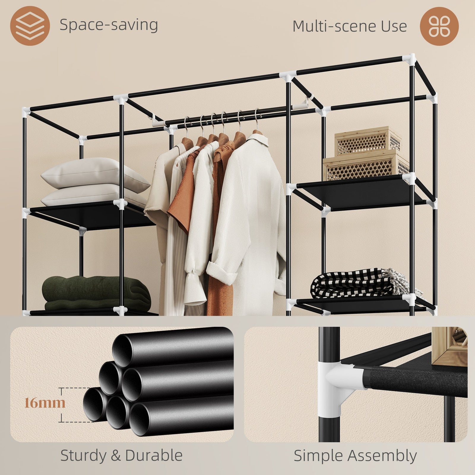 homcom portable wardrobe foldable fabric wardrobe 150 x 43 x 162 5cm clothes storage organiser with hanging rail shelves fabric cover for bedroom black