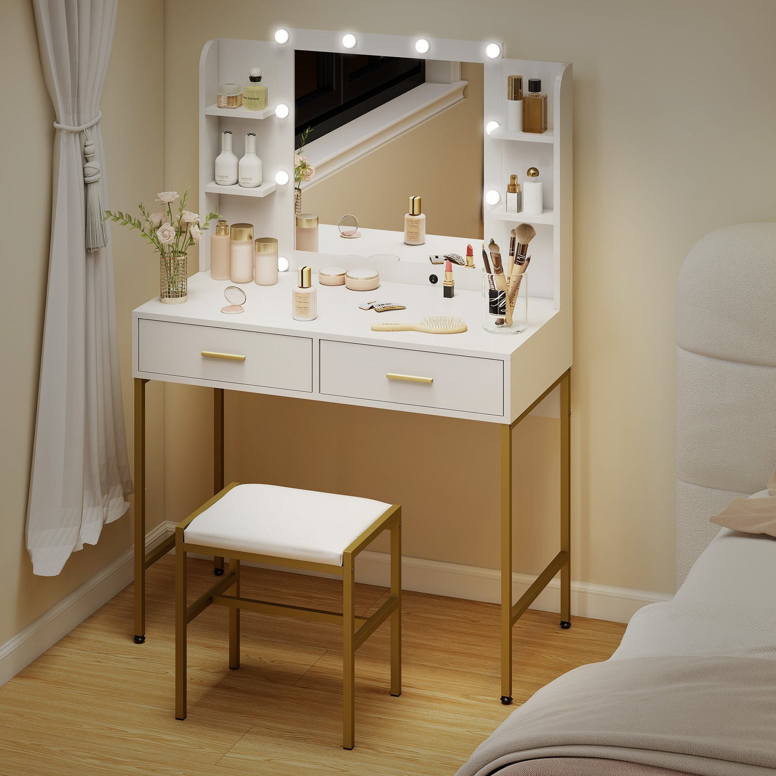 homcom dressing table with lighted mirror cushioned stool drawers shelves led makeup vanity desk set modern dresser vanity table for bedroom white