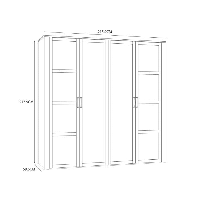 Line drawing of Buenos 4 door wardrobe, 215.9cm W x 213.9cm H x 59.6cm D