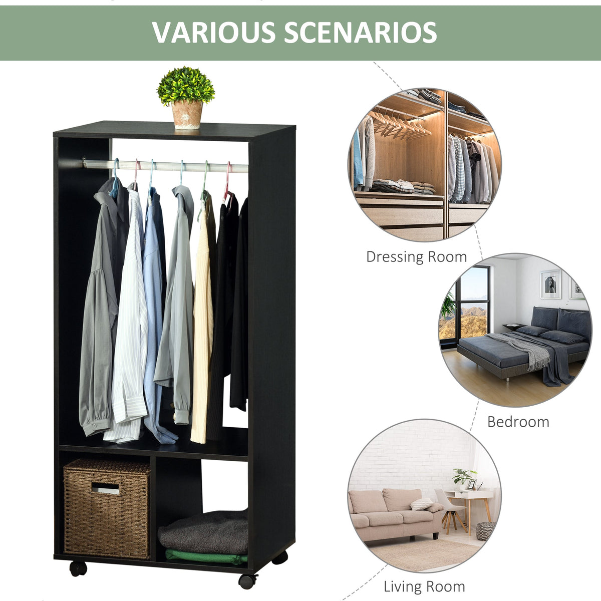 homcom open wardrobe on wheels bedroom wardrobe with clothes hanging rail 2 storage shelves mobile garment rack for cloakroom hallway black