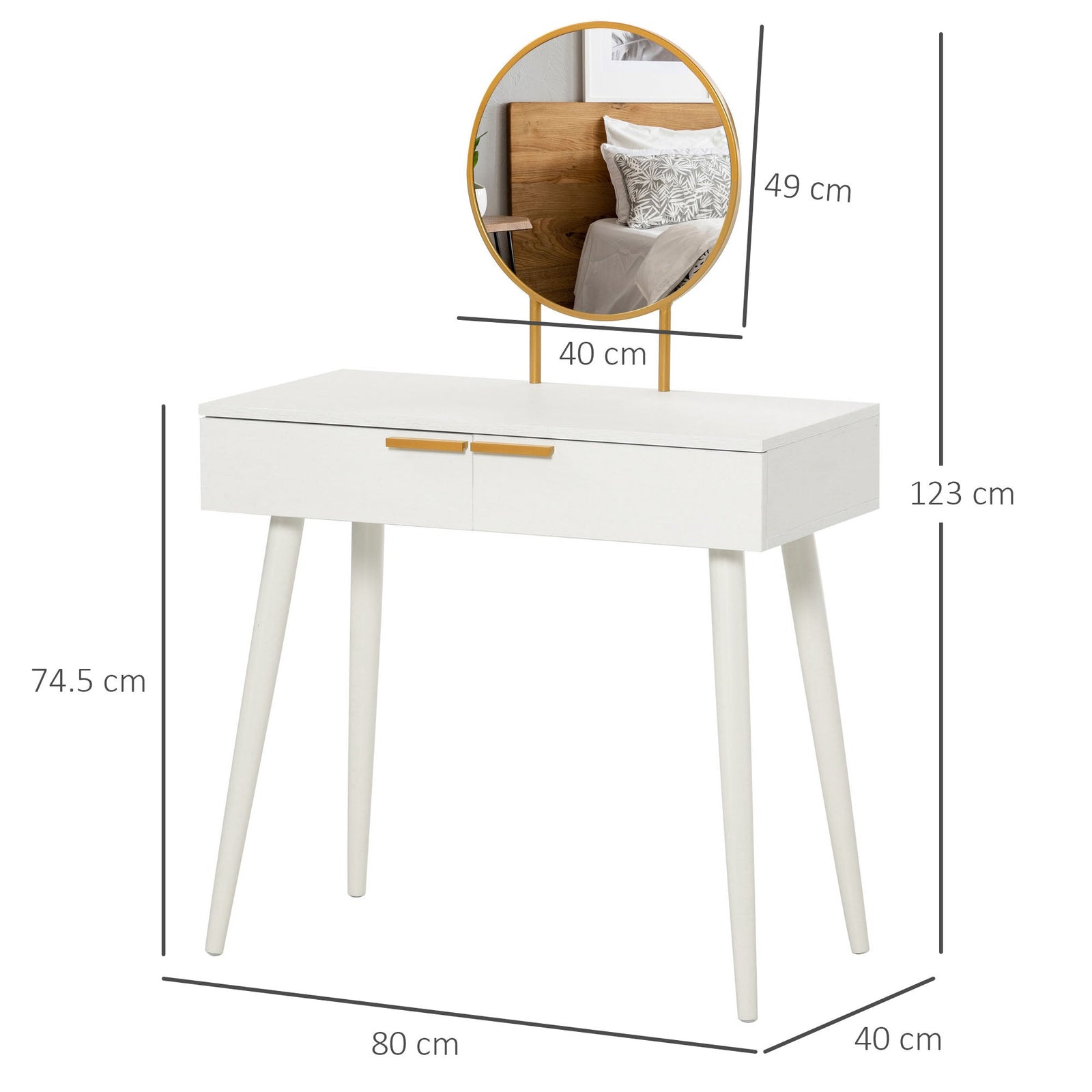 homcom elegant dressing table with round mirror 80 x 40 x 123 cm white