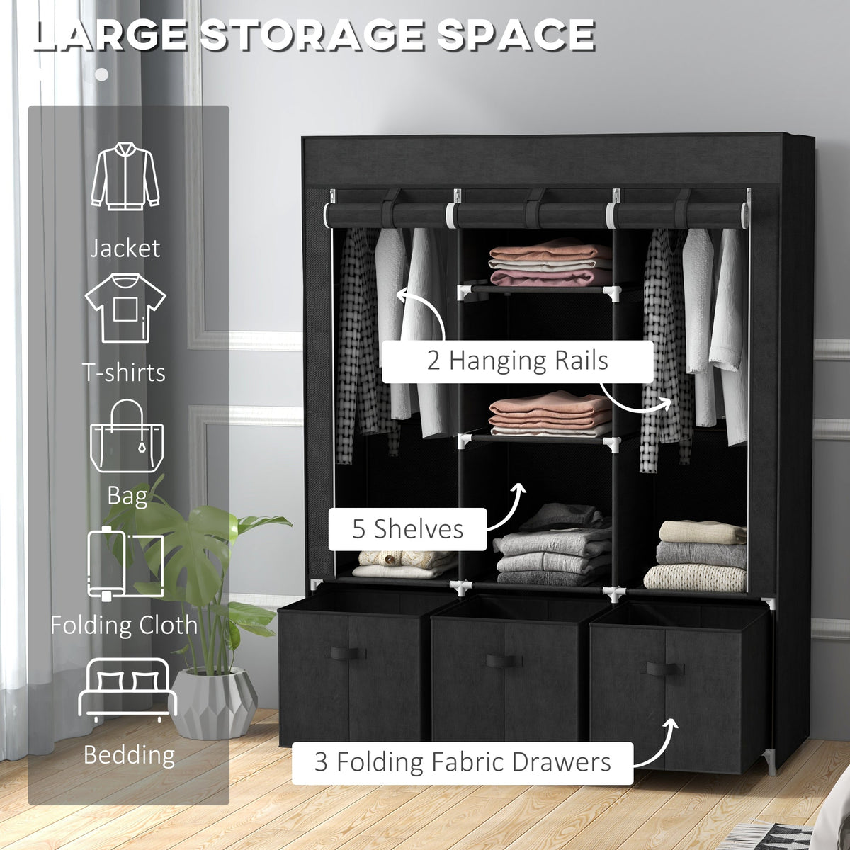 homcom foldable fabric wardrobe for bedroom portable wardrobe with 5 shelves 2 hanging rails and 3 fabric drawers black