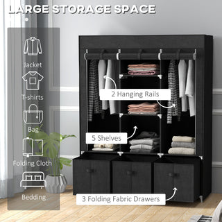 homcom foldable fabric wardrobe for bedroom portable wardrobe with 5 shelves 2 hanging rails and 3 fabric drawers black