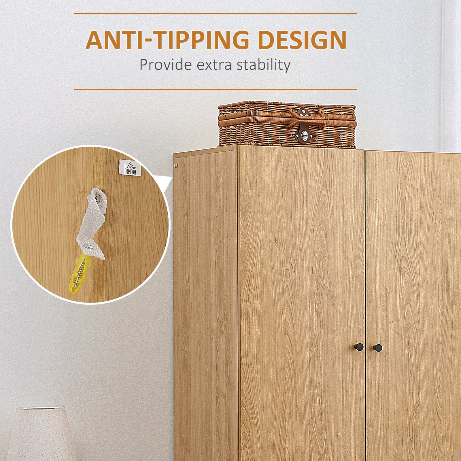 homcom wardrobe with 2 doors 2 drawers hanging rail for bedroom clothes storage organiser 80x52x180cm natural tone