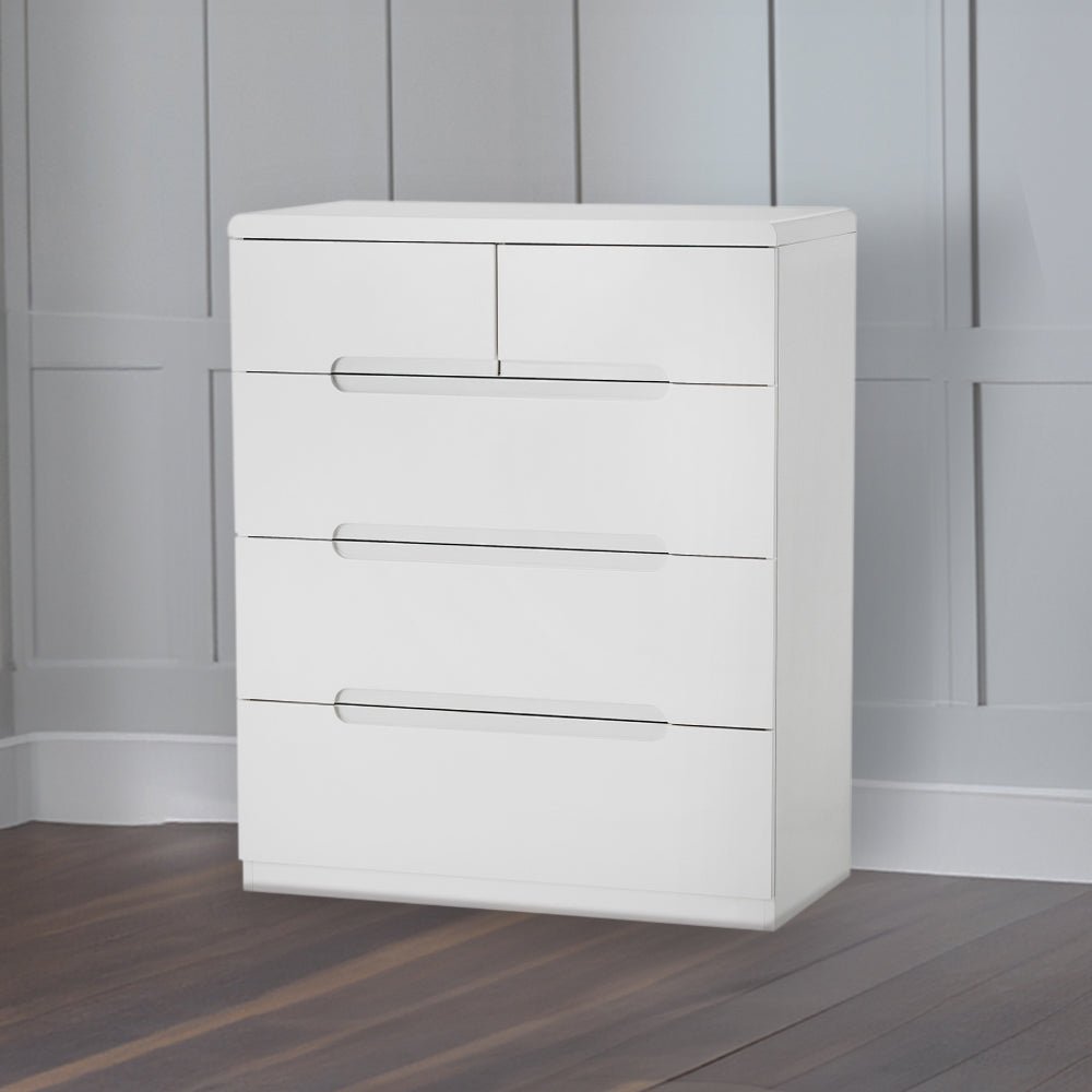 White high gloss 5 drawer chest of drawers with recessed handles, modern bedroom storage