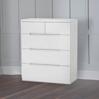 White high gloss 5 drawer chest of drawers with recessed handles, modern bedroom storage