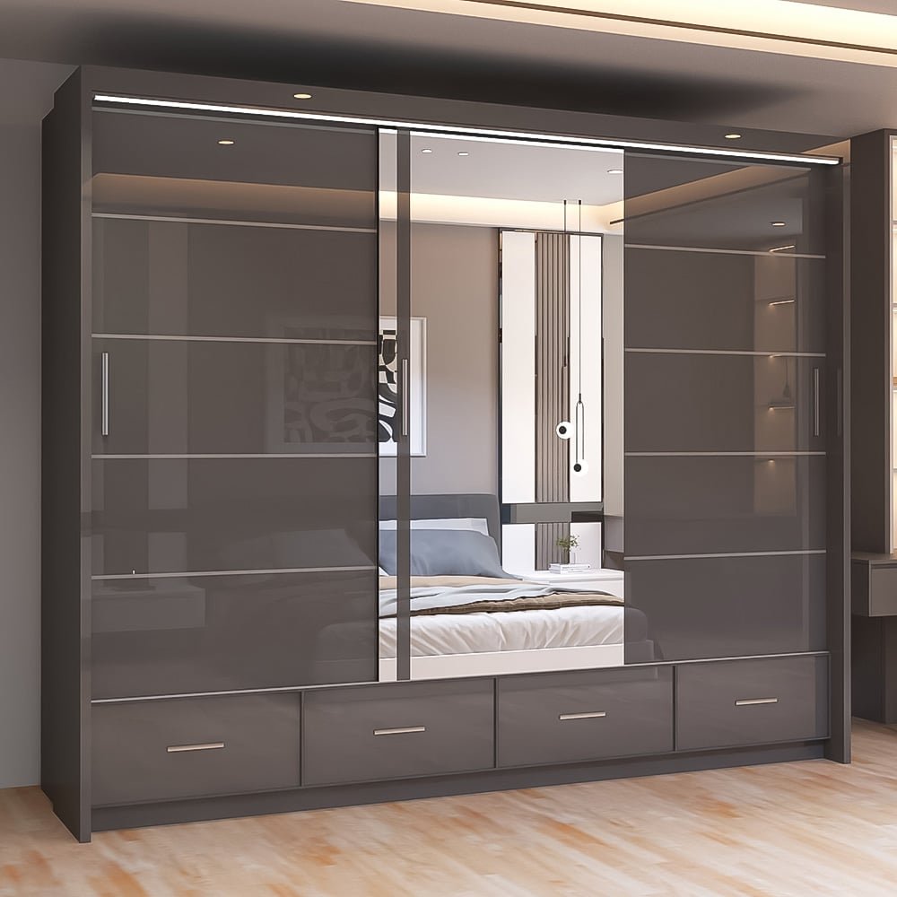 Sycylia 255cm grey high gloss 3 door mirrored sliding wardrobe with 4 drawers.