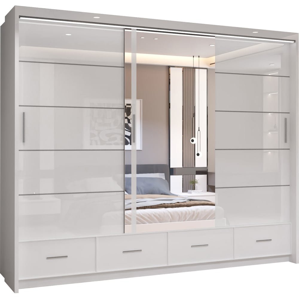 SYCYLIA 255cm White High Gloss 3 Door 4 Drawer Mirrored Wardrobe